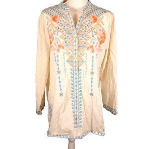 Boho Embroidered Cotton Tunic 2XL Boxy Floral Pullover Mandarin Collar EUC